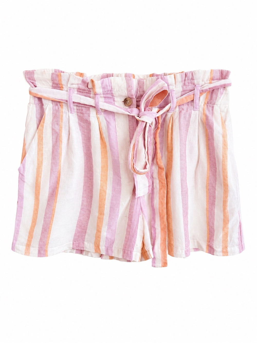 Vero Moda Pink & Orange Striped Linen Blend Paperbag Shorts Size S